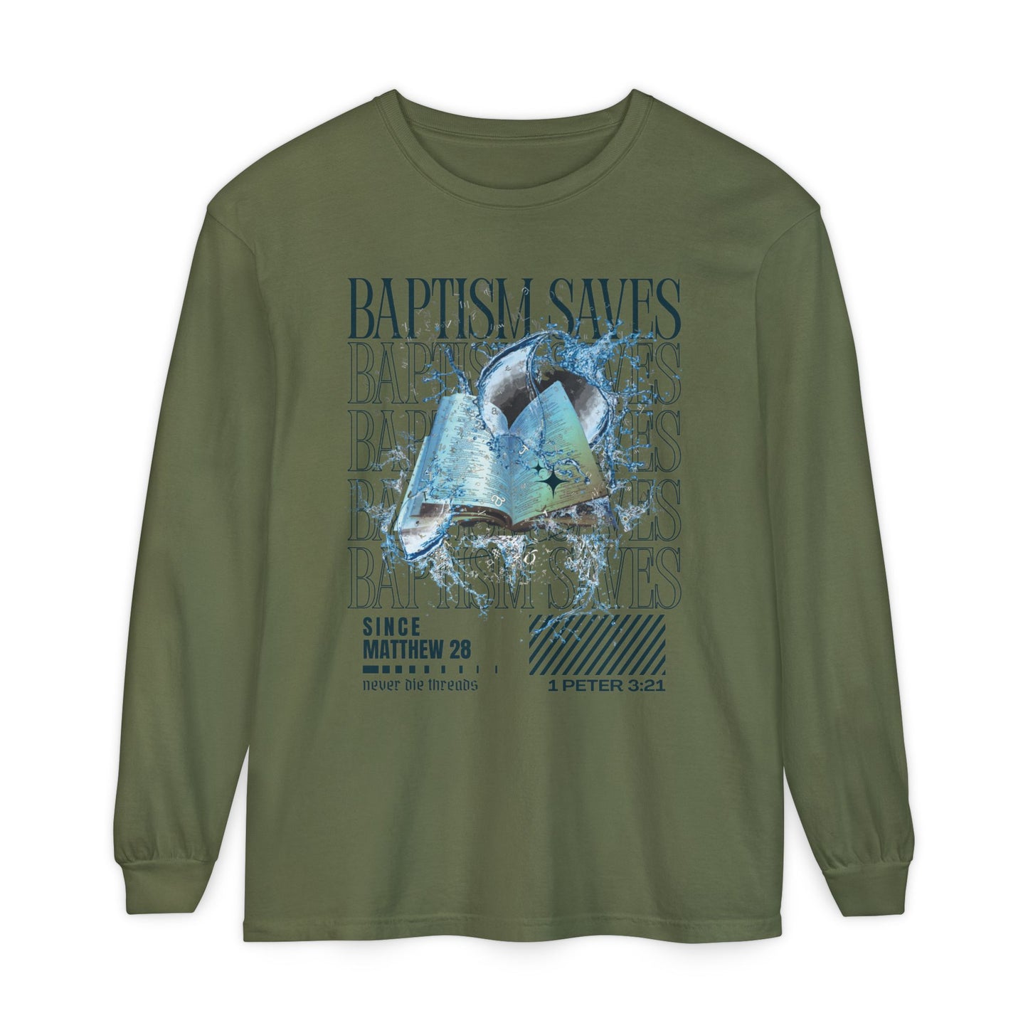 Baptism Saves (Dark Blue Text) | Comfort Colors | Long Sleeve Tee