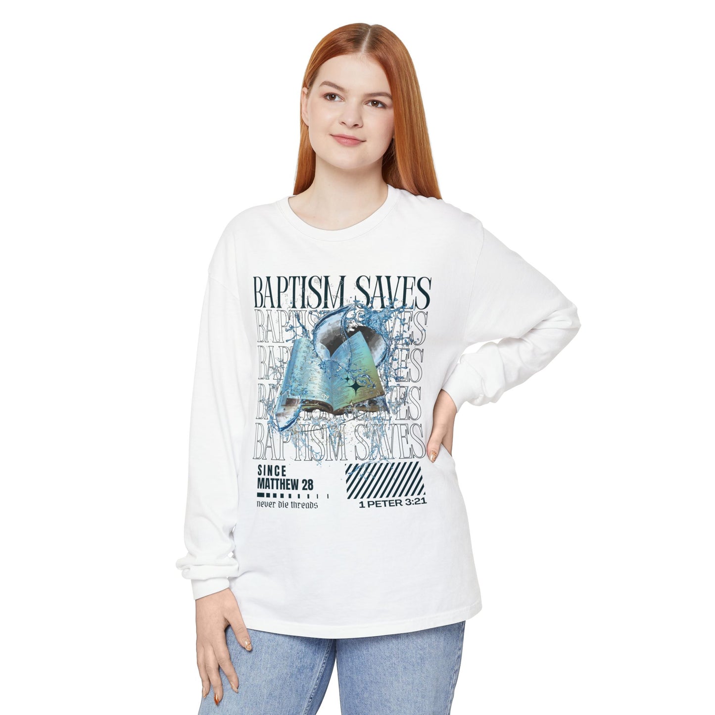 Baptism Saves (Dark Blue Text) | Comfort Colors | Long Sleeve Tee