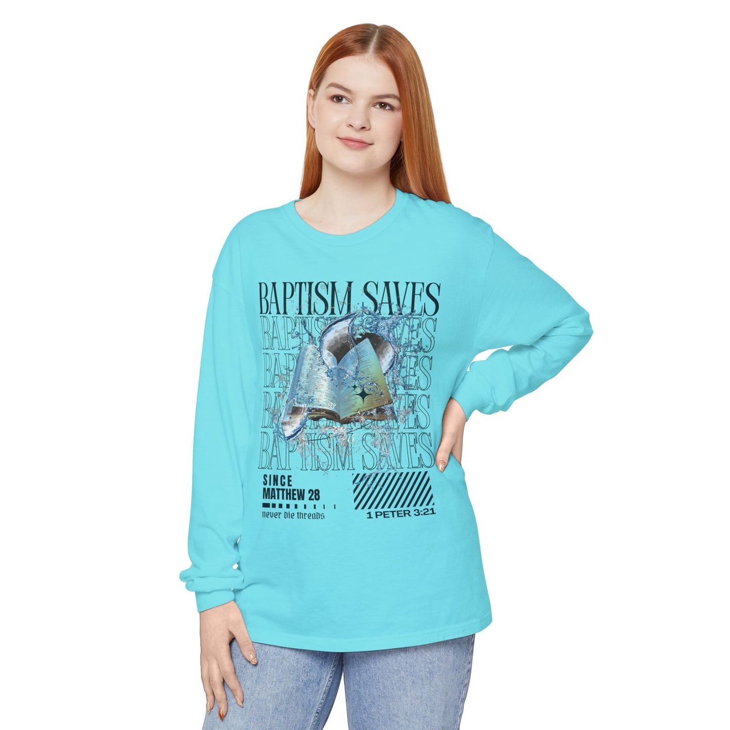 Baptism Saves (Dark Blue Text) | Comfort Colors | Long Sleeve Tee