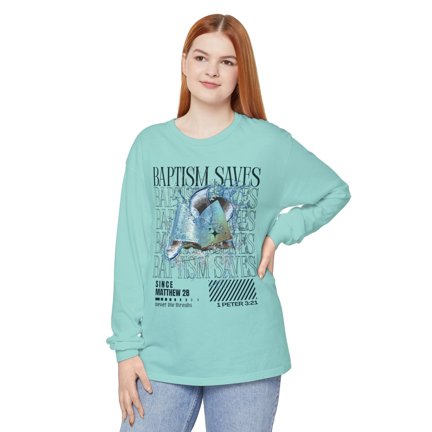 Baptism Saves (Dark Blue Text) | Comfort Colors | Long Sleeve Tee