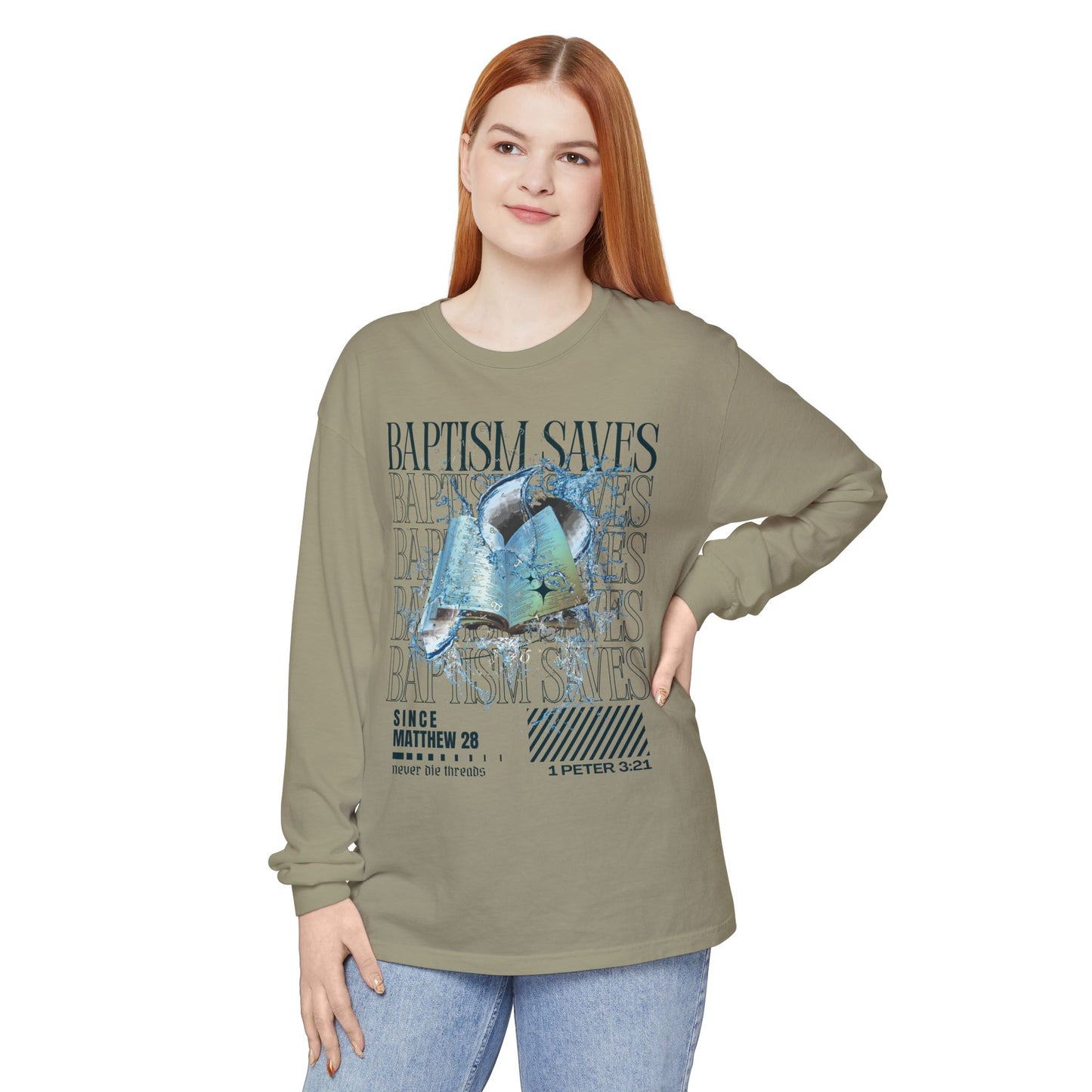 Baptism Saves (Dark Blue Text) | Comfort Colors | Long Sleeve Tee