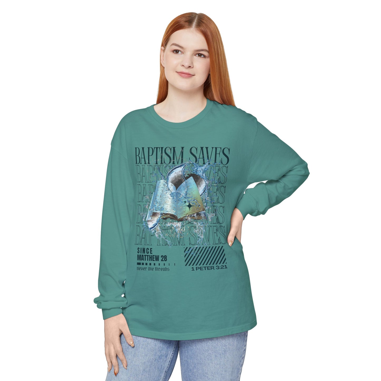 Baptism Saves (Dark Blue Text) | Comfort Colors | Long Sleeve Tee