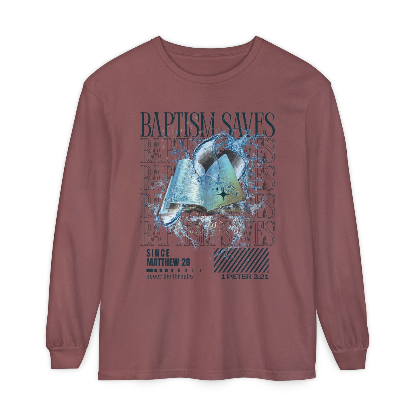 Baptism Saves (Dark Blue Text) | Comfort Colors | Long Sleeve Tee