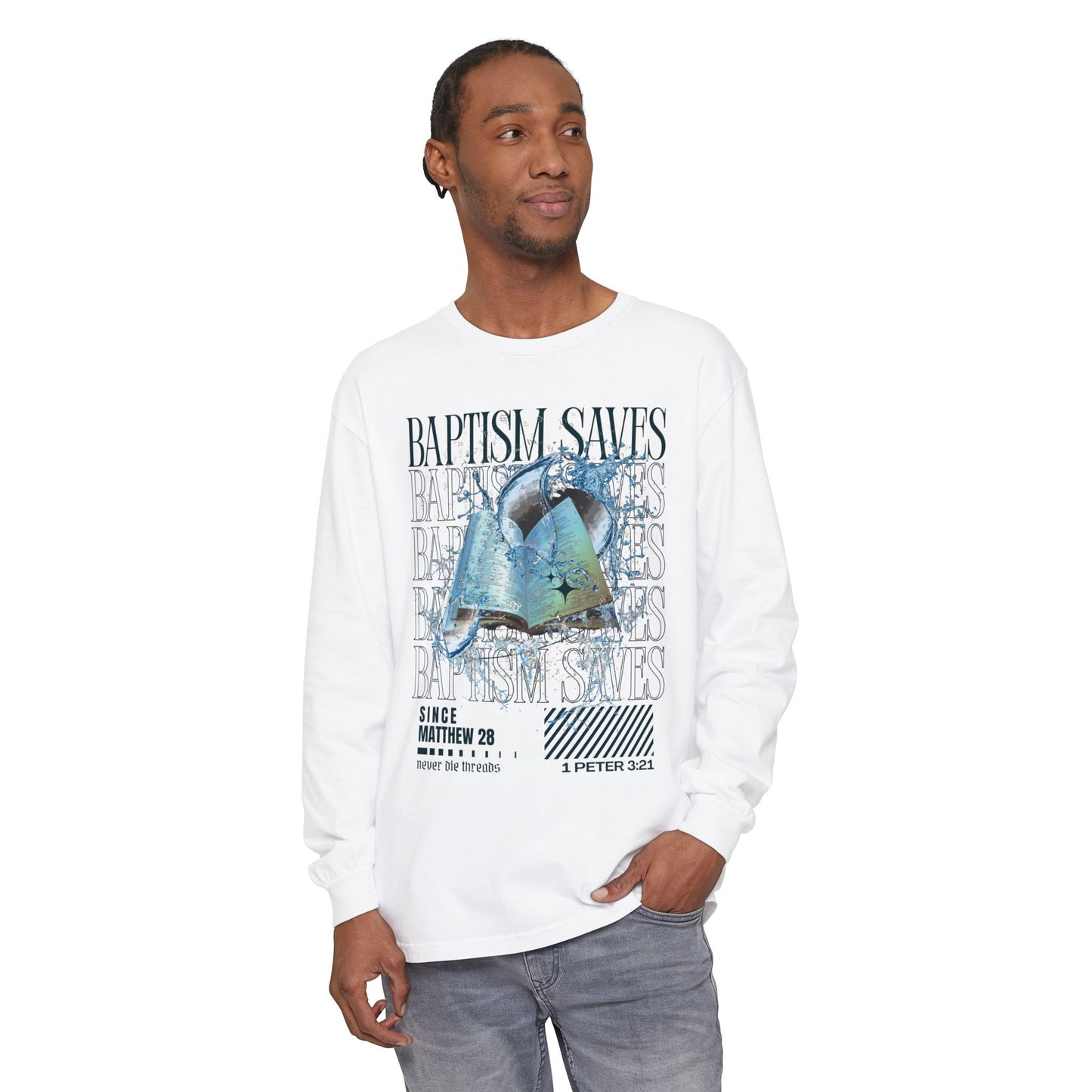 Baptism Saves (Dark Blue Text) | Comfort Colors | Long Sleeve Tee