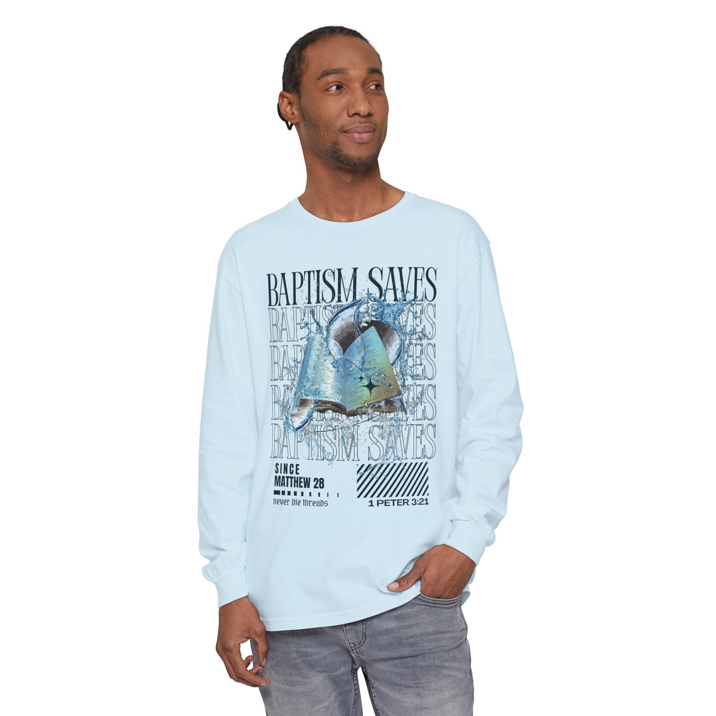 Baptism Saves (Dark Blue Text) | Comfort Colors | Long Sleeve Tee