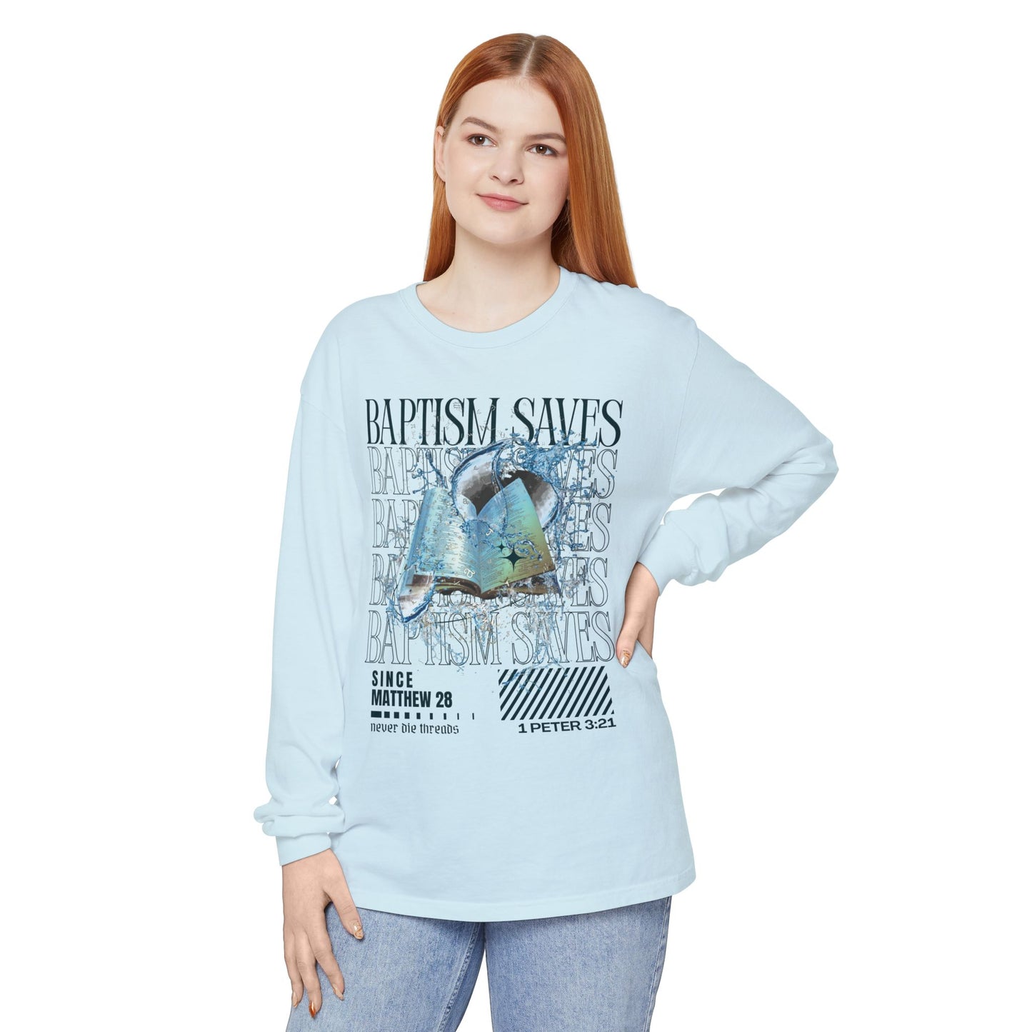 Baptism Saves (Dark Blue Text) | Comfort Colors | Long Sleeve Tee