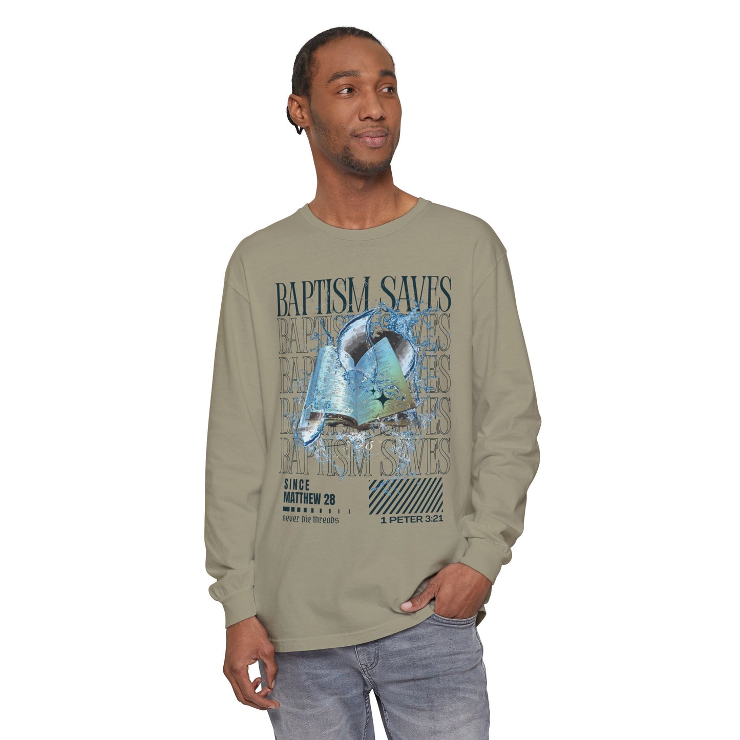 Baptism Saves (Dark Blue Text) | Comfort Colors | Long Sleeve Tee