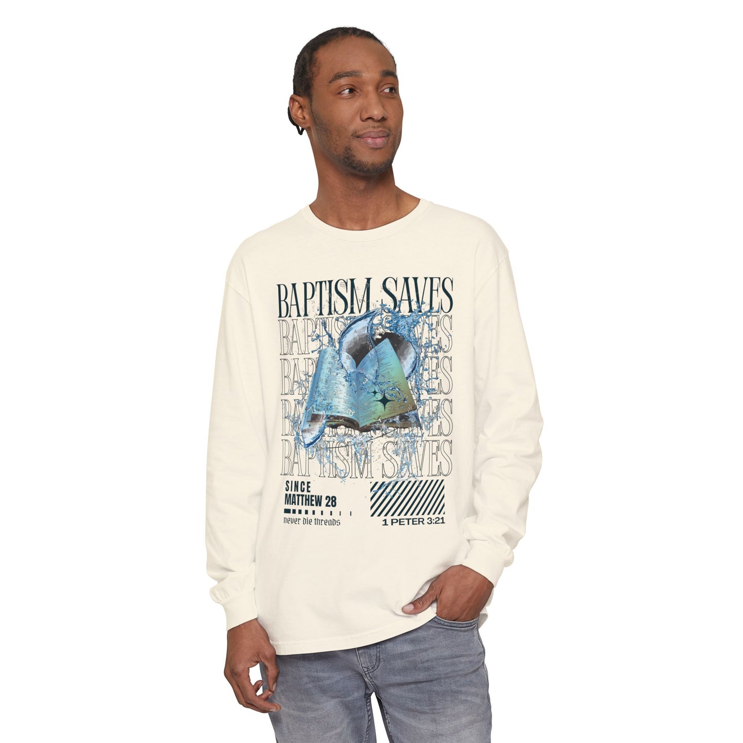 Baptism Saves (Dark Blue Text) | Comfort Colors | Long Sleeve Tee