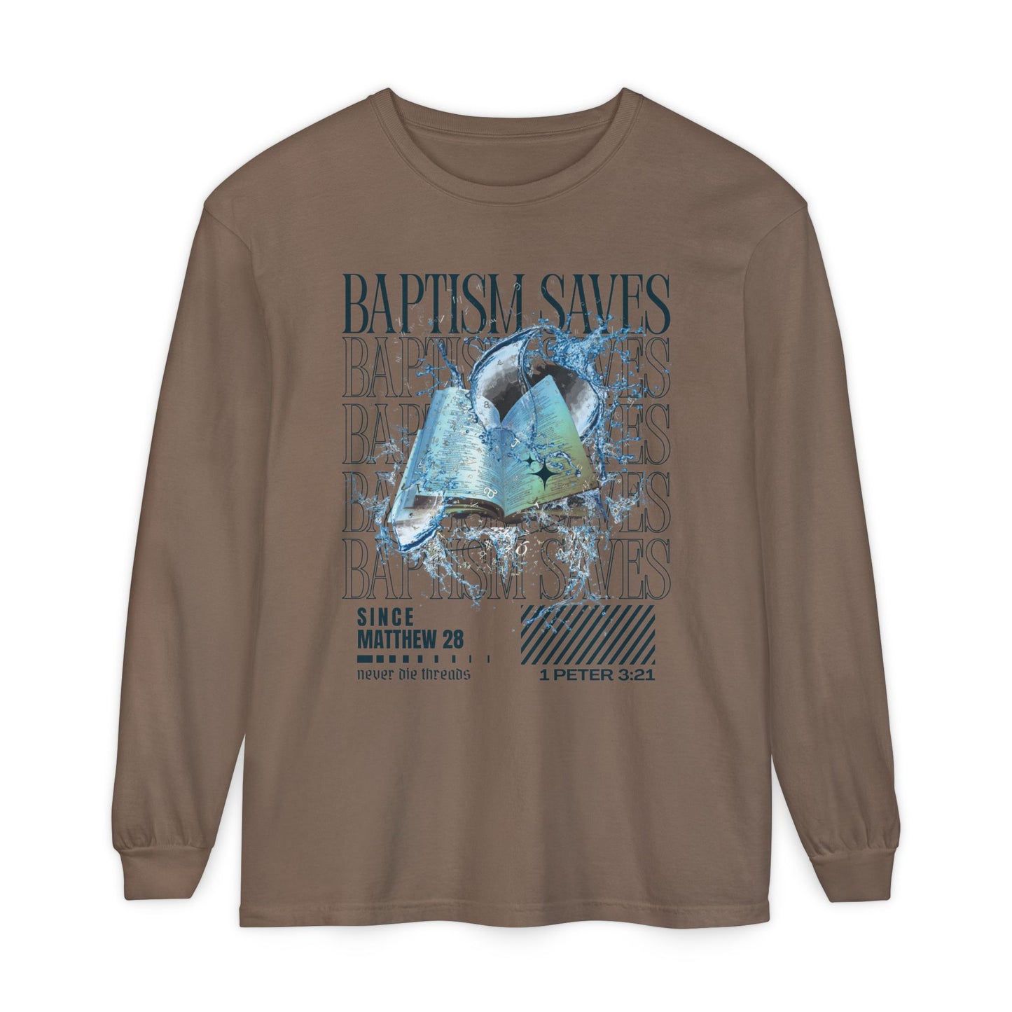 Baptism Saves (Dark Blue Text) | Comfort Colors | Long Sleeve Tee