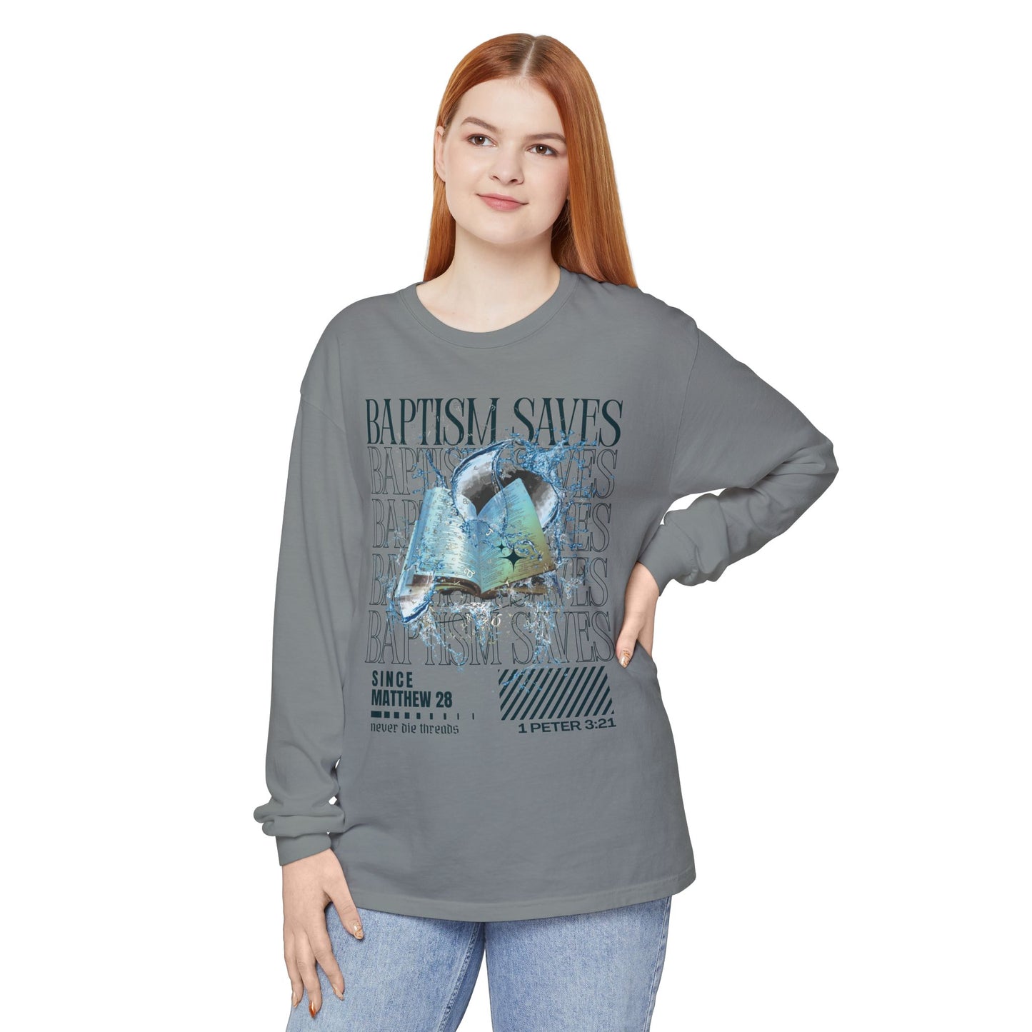 Baptism Saves (Dark Blue Text) | Comfort Colors | Long Sleeve Tee