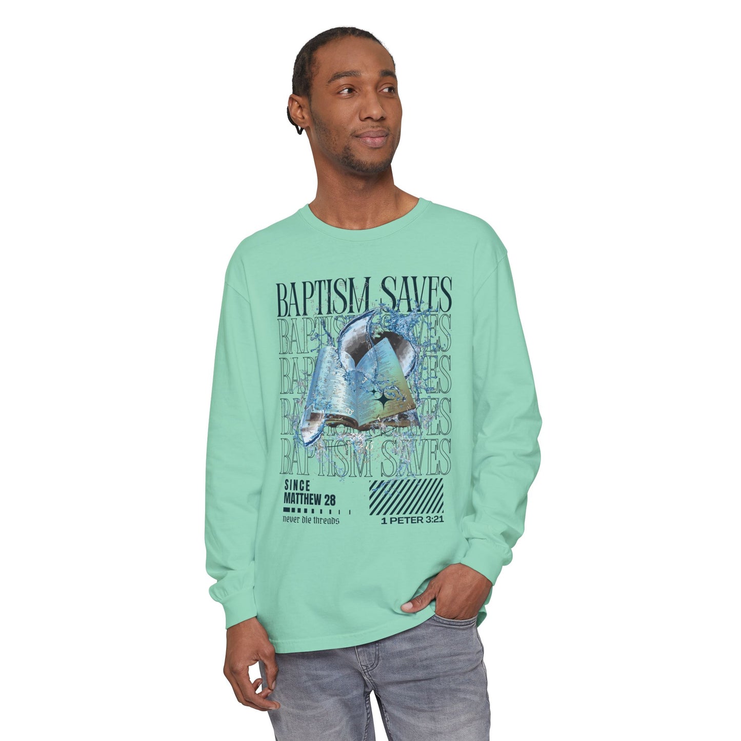Baptism Saves (Dark Blue Text) | Comfort Colors | Long Sleeve Tee