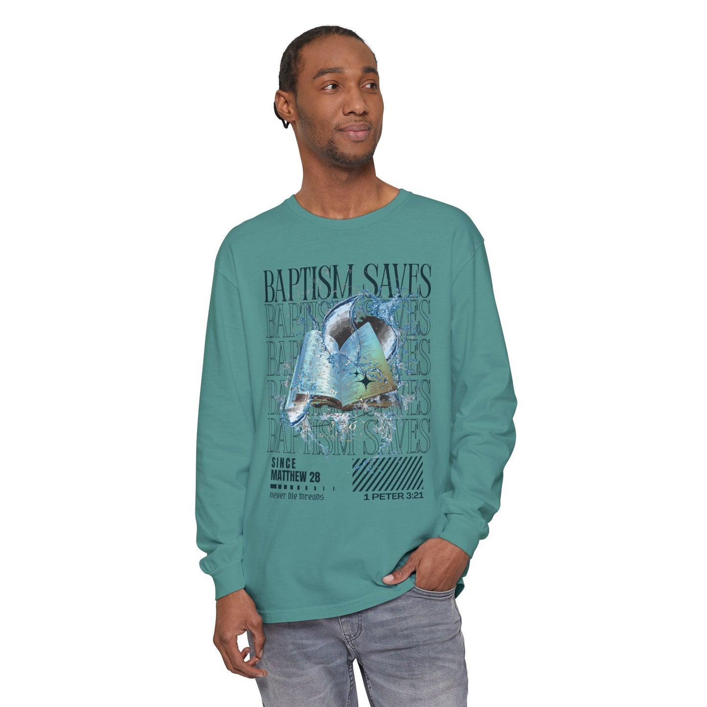Baptism Saves (Dark Blue Text) | Comfort Colors | Long Sleeve Tee