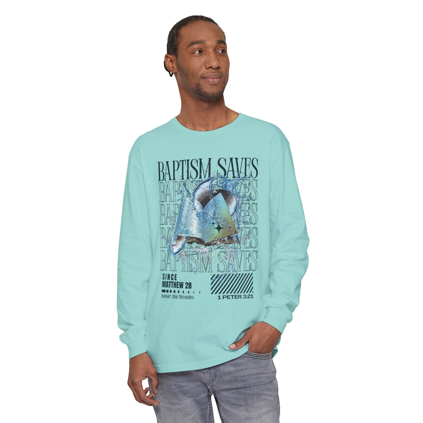 Baptism Saves (Dark Blue Text) | Comfort Colors | Long Sleeve Tee