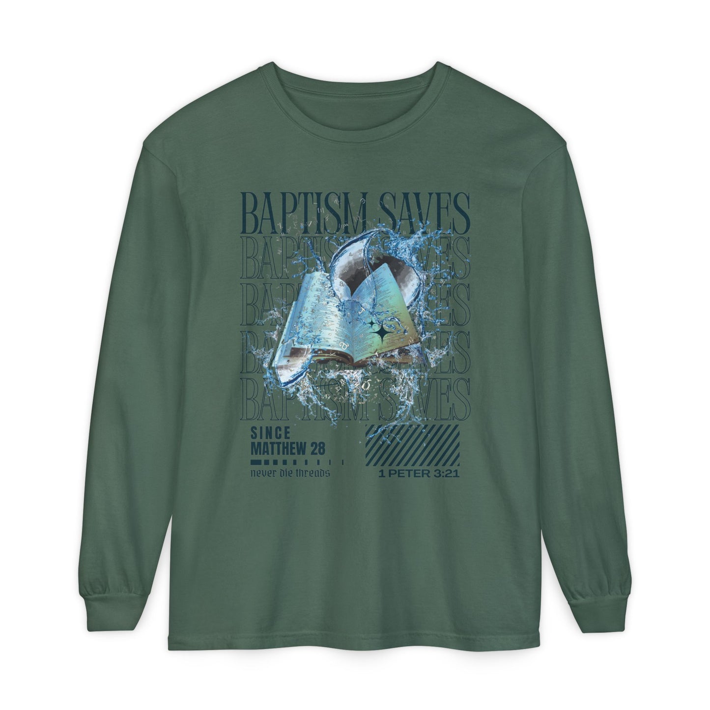 Baptism Saves (Dark Blue Text) | Comfort Colors | Long Sleeve Tee
