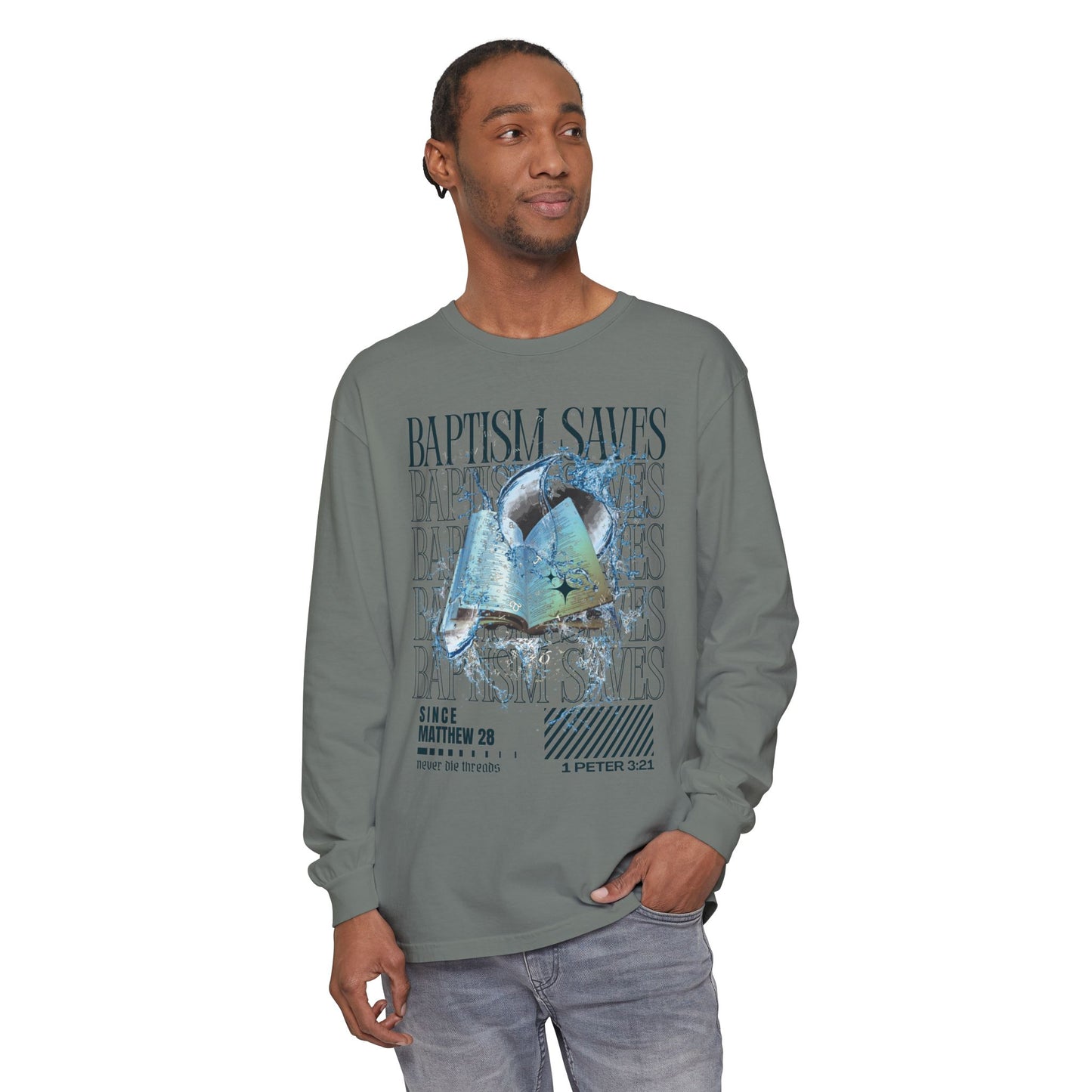 Baptism Saves (Dark Blue Text) | Comfort Colors | Long Sleeve Tee