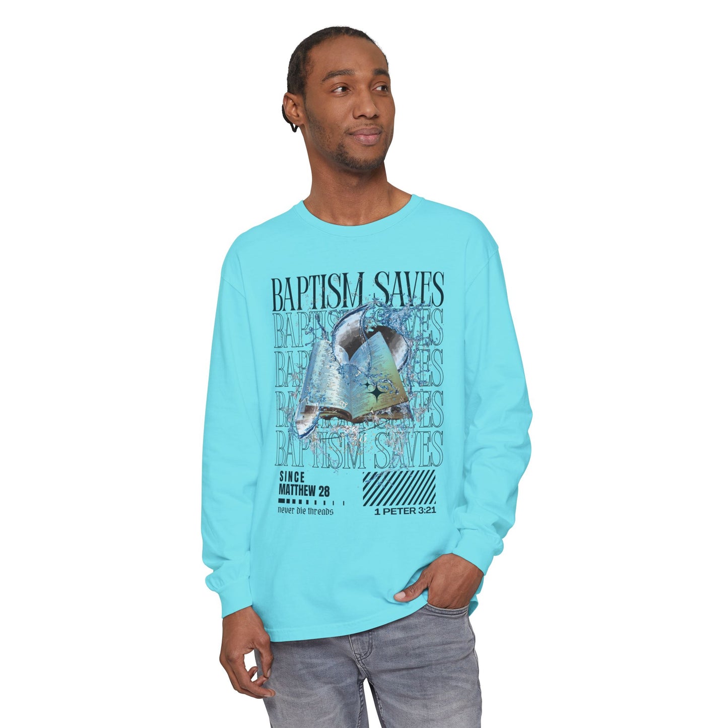 Baptism Saves (Dark Blue Text) | Comfort Colors | Long Sleeve Tee