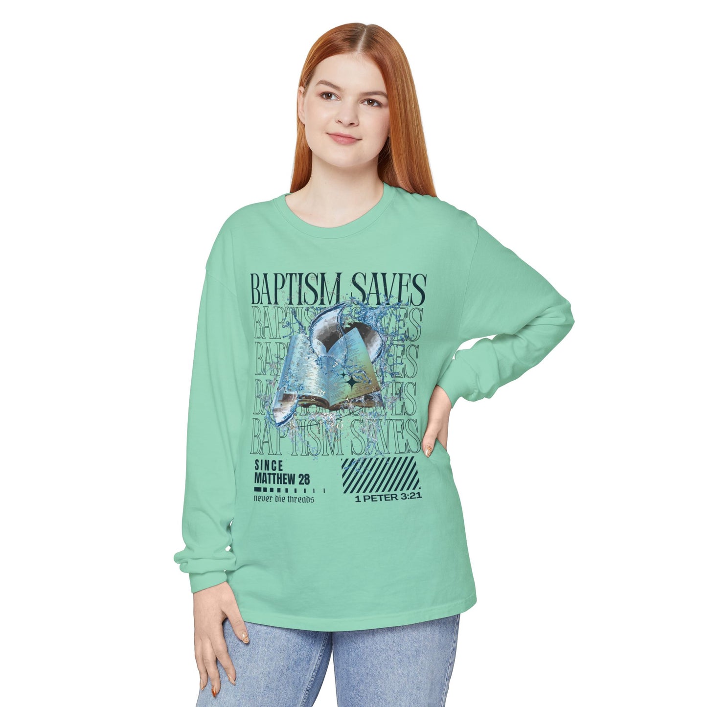 Baptism Saves (Dark Blue Text) | Comfort Colors | Long Sleeve Tee