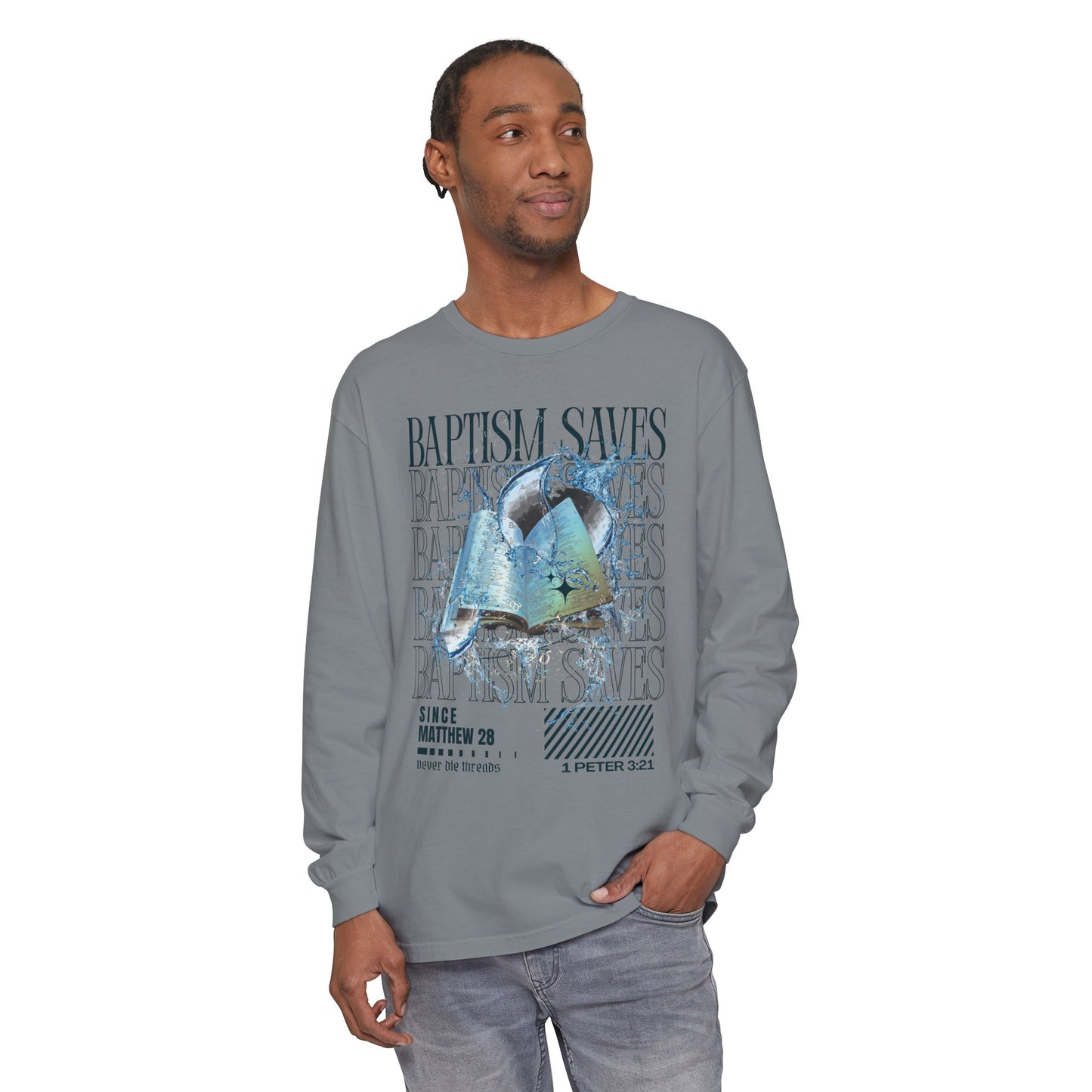 Baptism Saves (Dark Blue Text) | Comfort Colors | Long Sleeve Tee