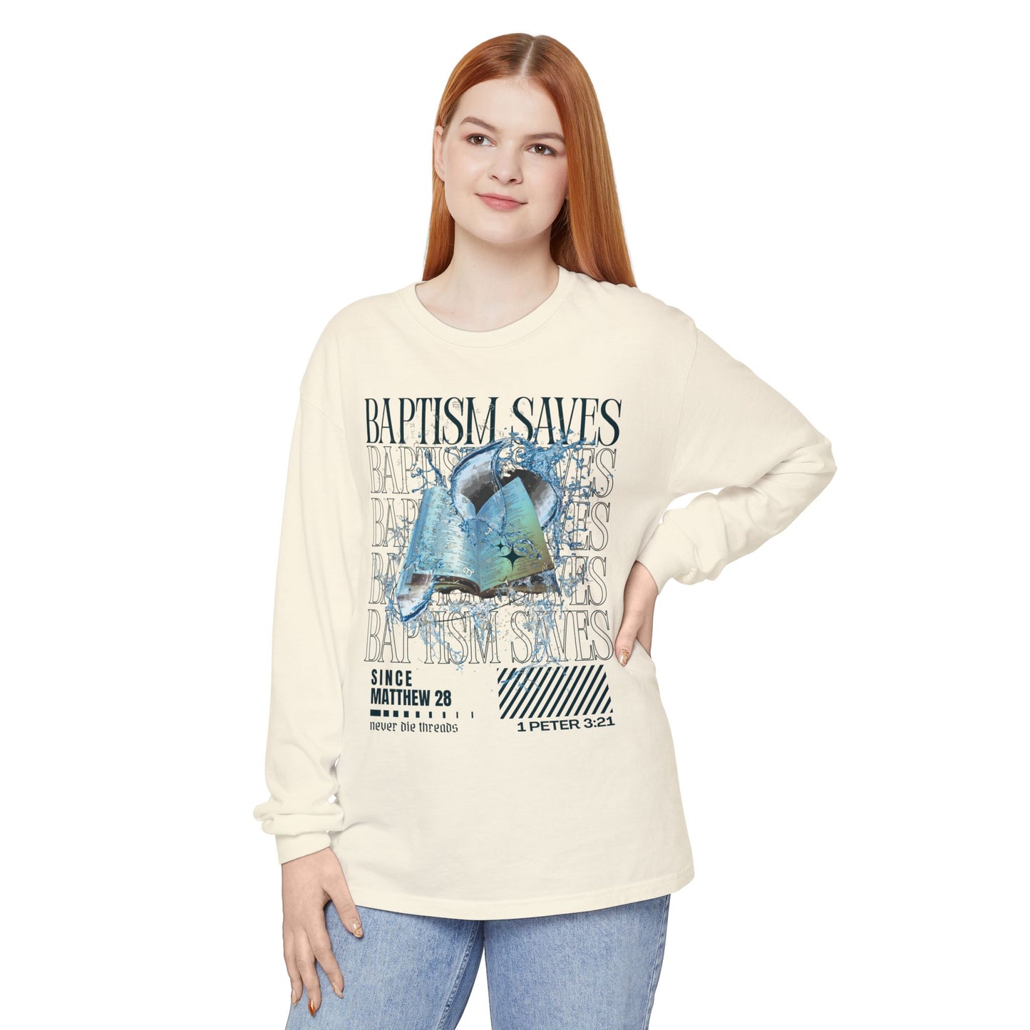 Baptism Saves (Dark Blue Text) | Comfort Colors | Long Sleeve Tee